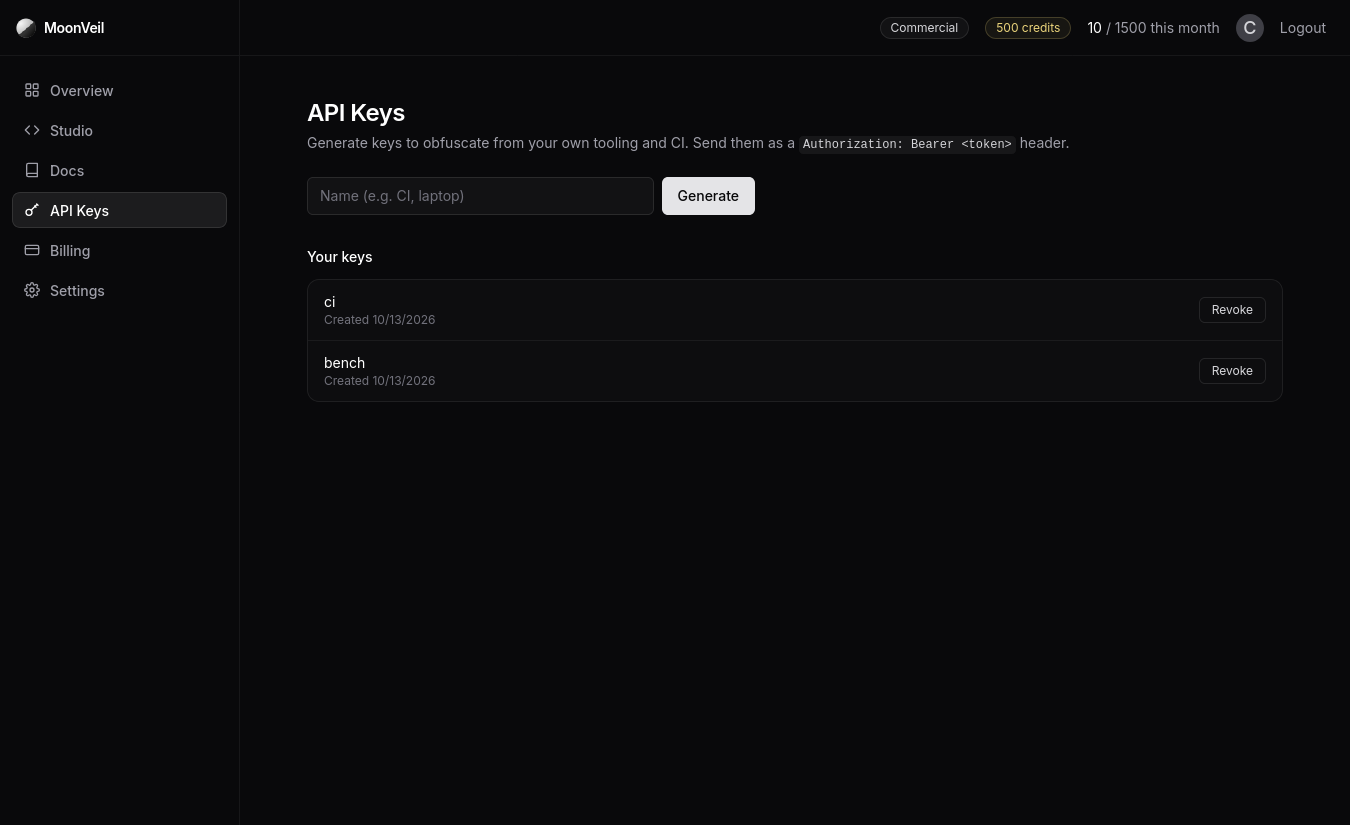 The API keys tab listing generated keys with a form to generate a new one