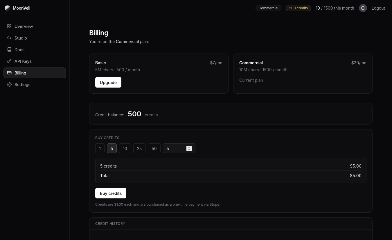The billing tab showing plan tiers, credit balance, and the buy credits form