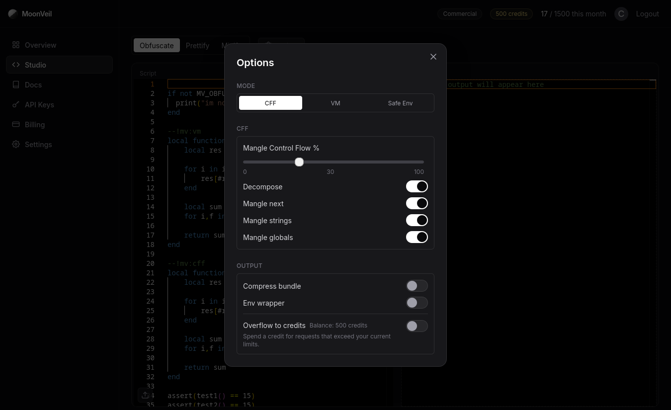 The Options dialog in CFF mode showing the CFF settings