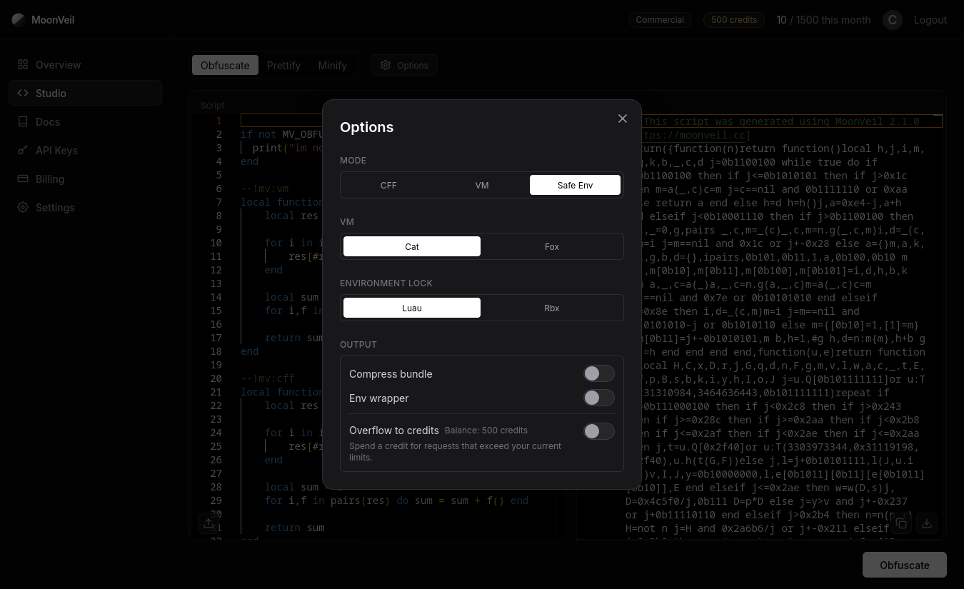 The Options dialog in Safe Env mode showing the environment lock picker