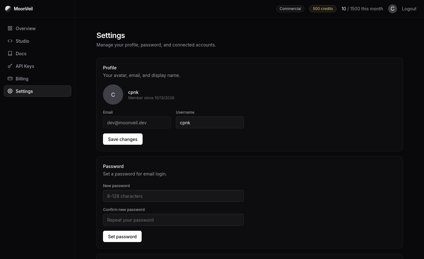 The settings tab with profile, password, and connection sections