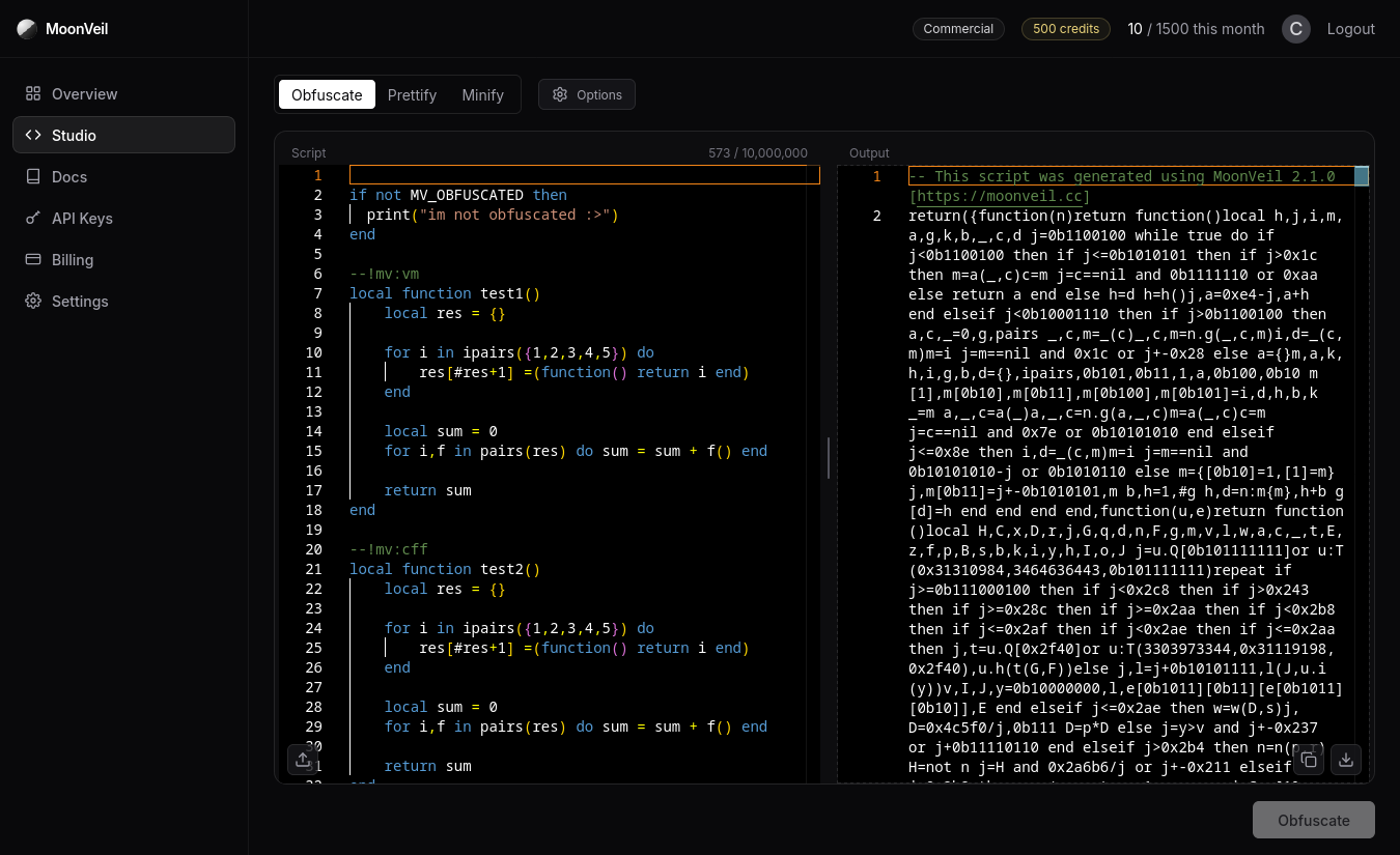 The MoonVeil Studio with a script in the input pane and an obfuscated bundle in the output pane